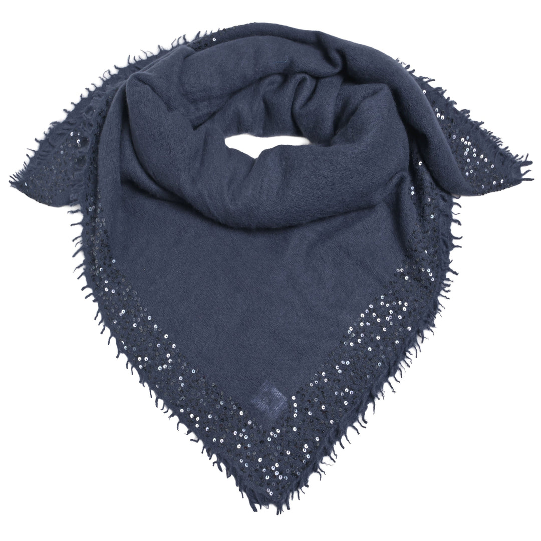 Luxuröses und quadratisches Tuch aus 98% reinem Kaschmir mit glitzernden Paillettenrand für Damen von cute stuff,  für besondere Anlässe, Größe 100 x 100 cm, Farbe: Nachtblau