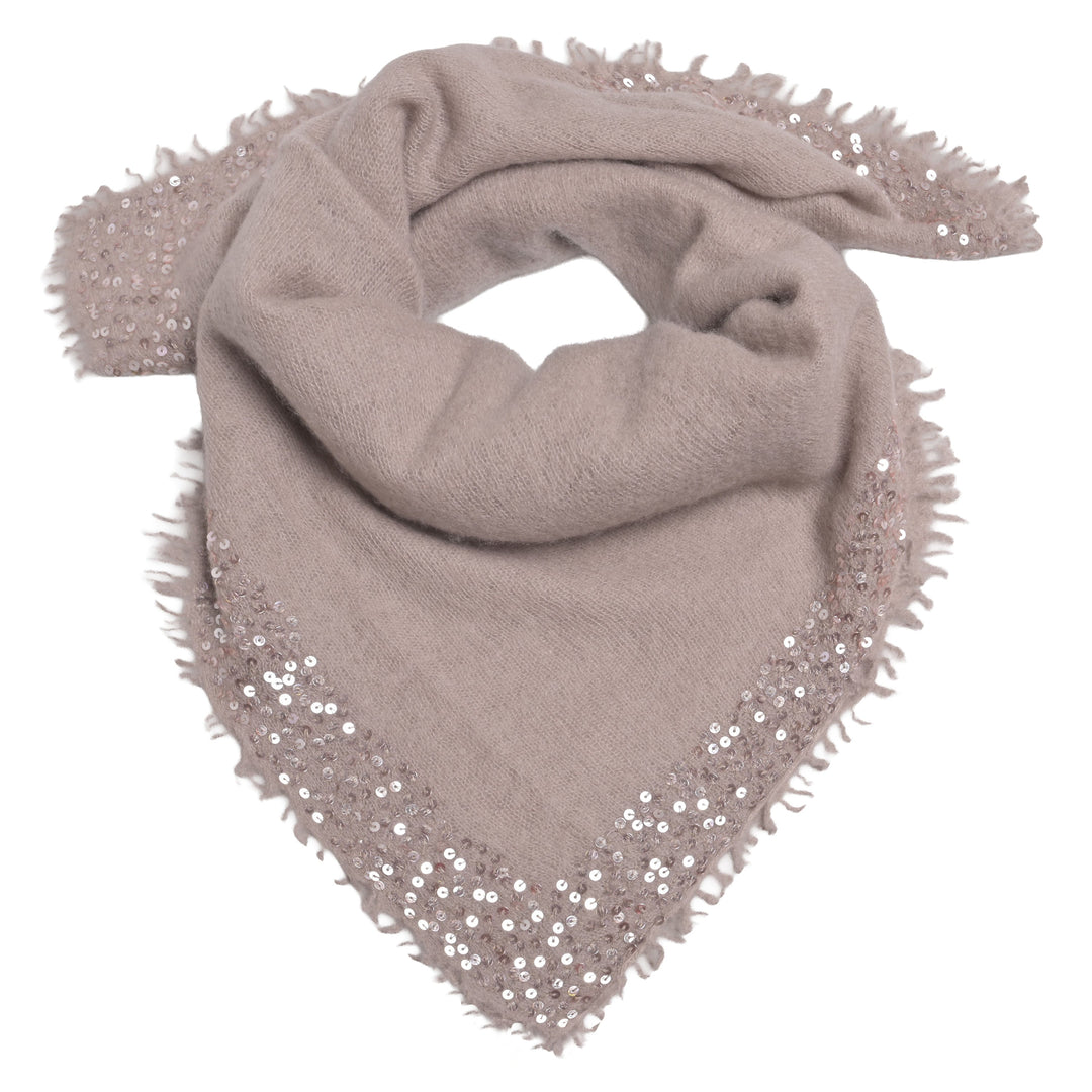 Luxuröses und quadratisches Tuch aus 98% reinem Kaschmir mit glitzernden Paillettenrand für Damen und für besondere Anlässe, Größe 100 x 100 cm, Farbe: Taupe