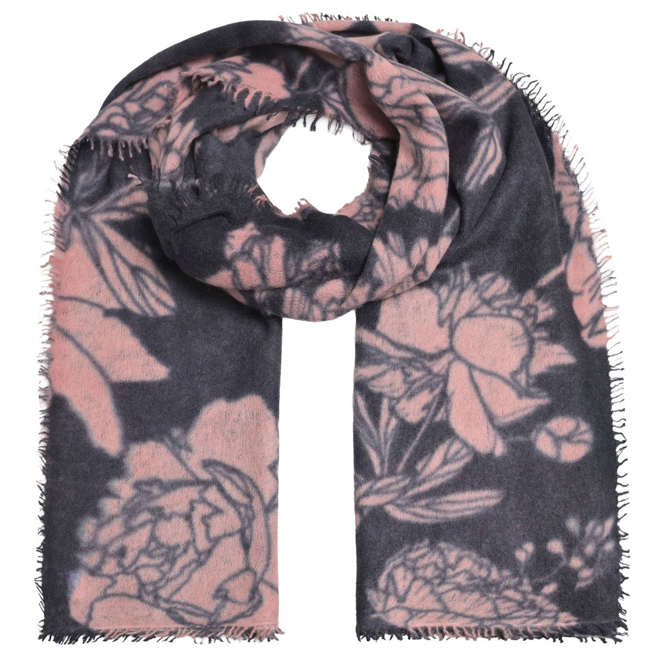 Kaschmir-Schal „Dahlia-cs“ aus 100 % Kaschmir mit kleinen Fransen in Schwarz und mehrfarbigem Blumenprint von cute stuff