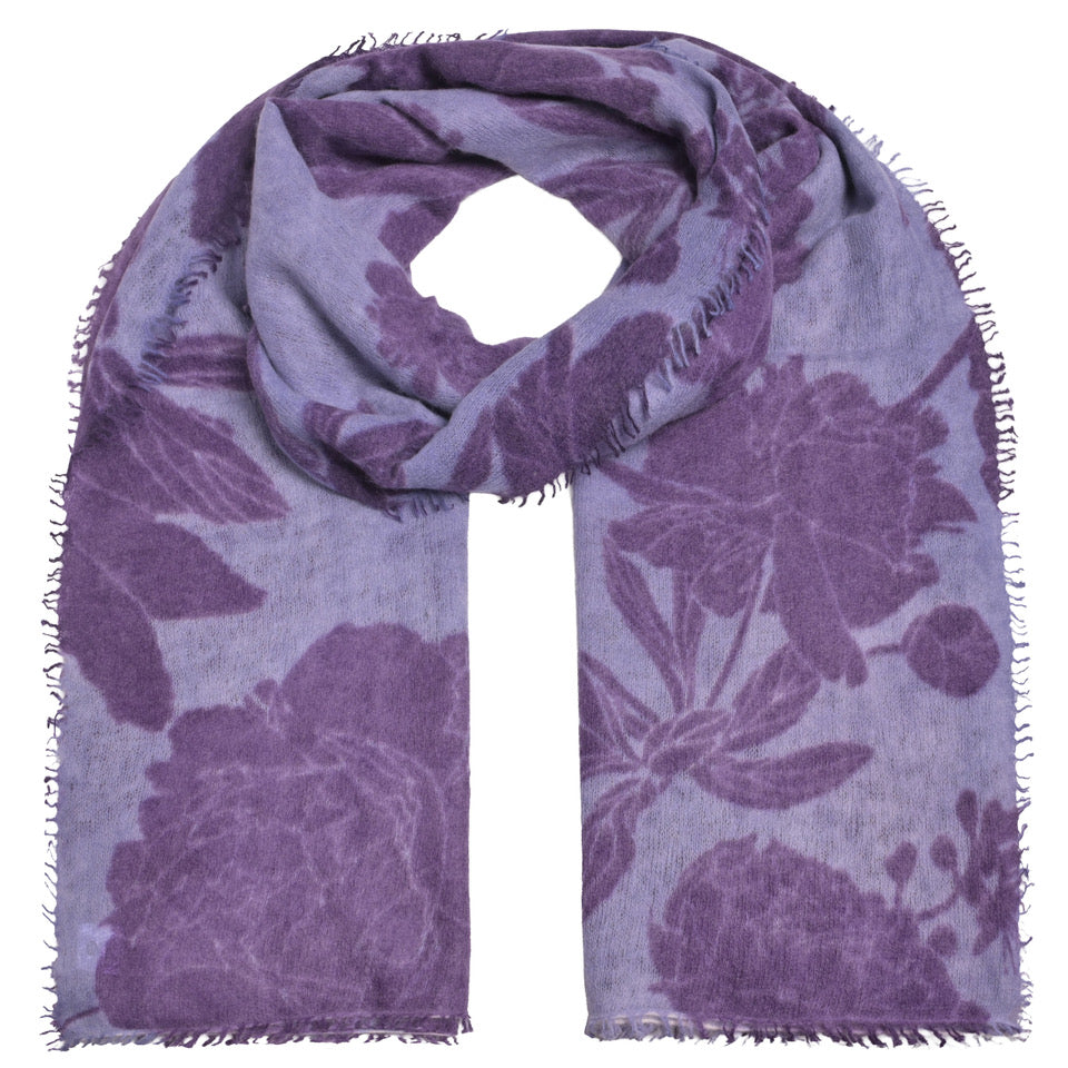 Kaschmir-Schal „Dahlia-cs“ aus 100 % Kaschmir mit kleinen Fransen in Lavender und mehrfarbigem Blumenprint von cute stuff