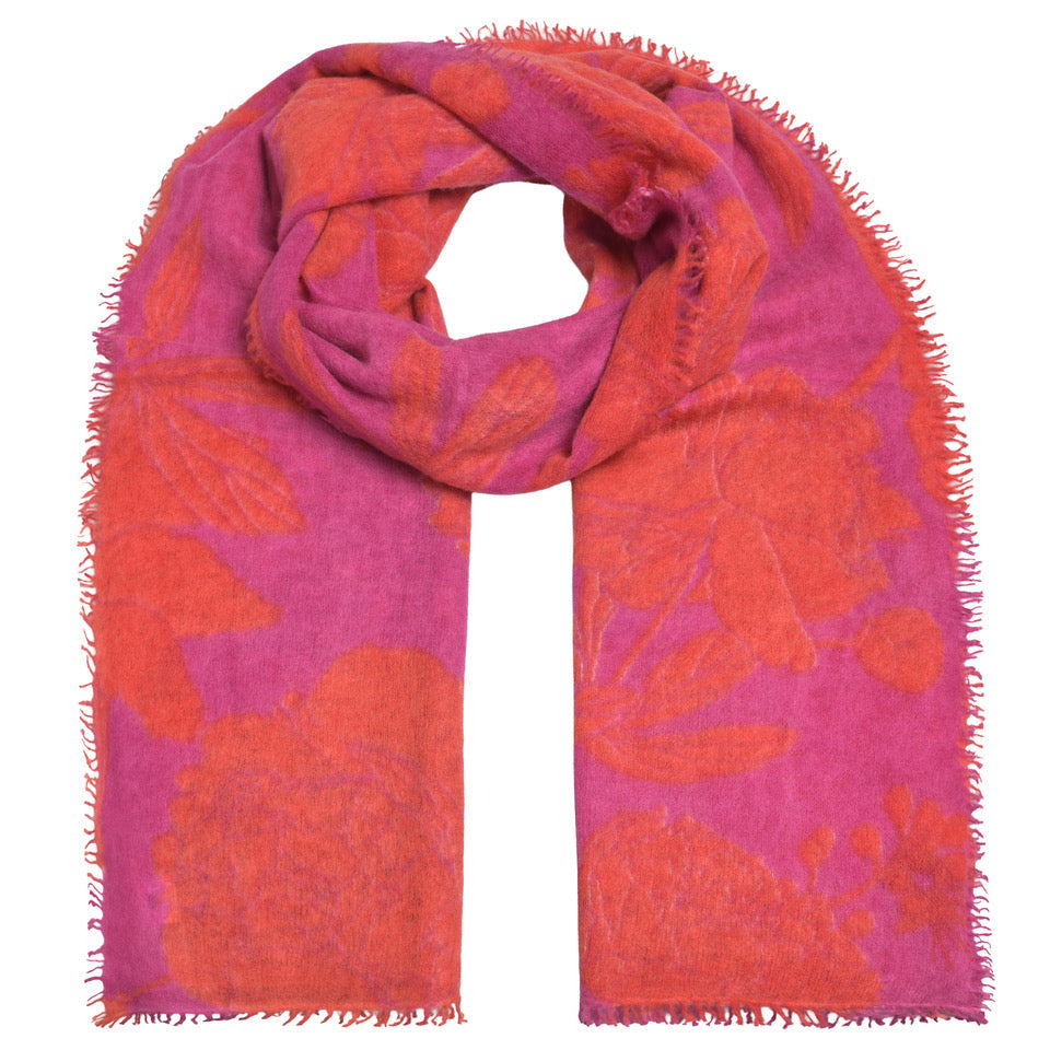 Kaschmir-Schal „Dahlia-cs“ aus 100 % Kaschmir mit kleinen Fransen in Wild Berry und mehrfarbigem Blumenprint von cute stuff