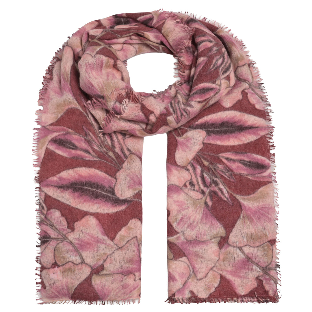 Kuschelweicher Kaschmir-Schal „Ginkgo“ aus 100 % Light Cashmere mit vollflächigem Ginkgo-Blätter-Print in Barolo, 80 × 205 cm, von cute stuff