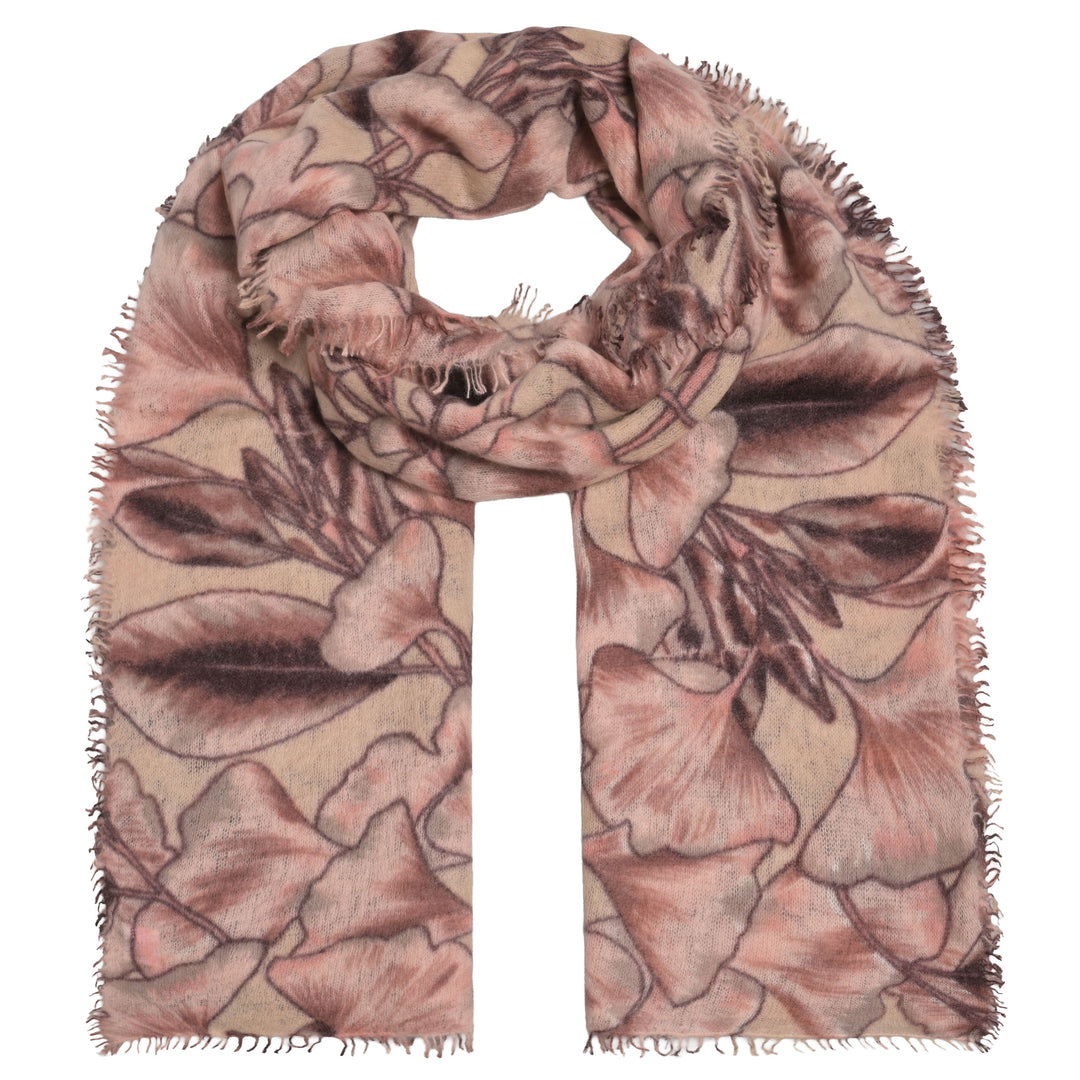 Kuschelweicher Kaschmir-Schal „Ginkgo“ aus 100 % Light Cashmere mit vollflächigem Ginkgo-Blätter-Print in Taupe, 80 × 205 cm, von cute stuff
