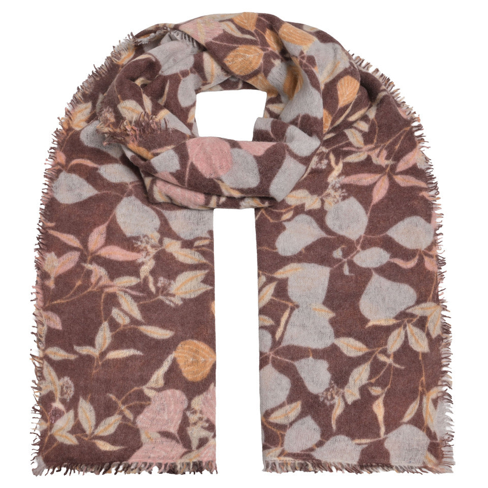 Kaschmir-Schal „Leaf-cs“ aus 100 % Light Kaschmir mit kleinen Fransen in Dark Choc mit mehrfarbigem Blumenprint von cute stuff