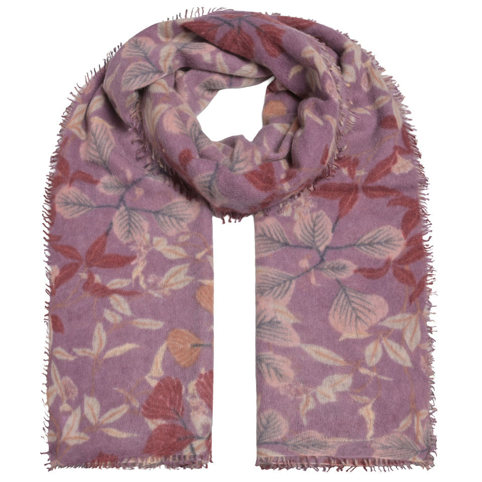 Kaschmir-Schal „Leaf-cs“ aus 100 % Light Kaschmir mit kleinen Fransen in Mauve mit mehrfarbigem Blumenprint von cute stuff