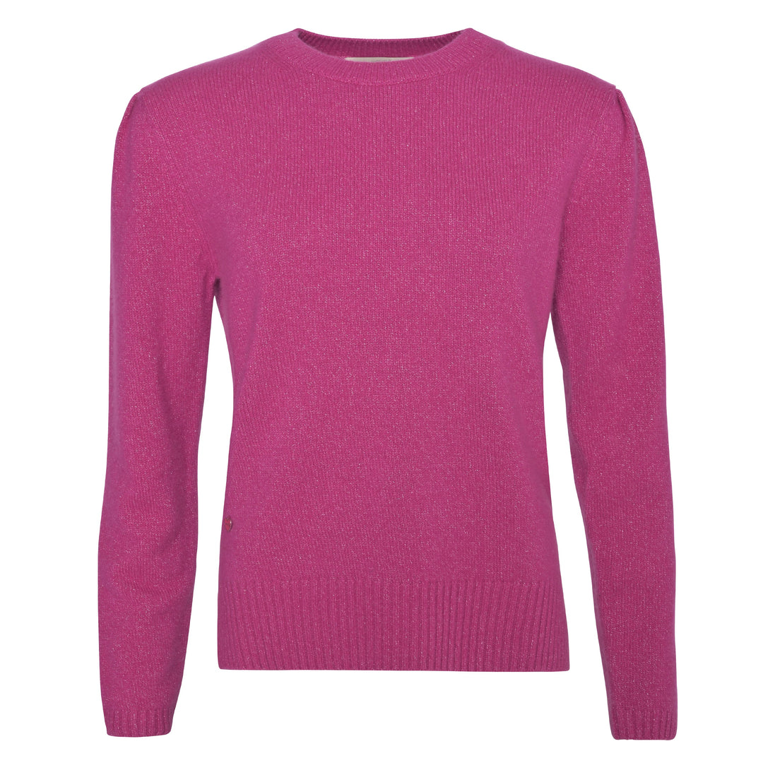 Damen-Kaschmirpullover Blair-cs in pinkem Wild Berry aus Kaschmir mit eingearbieteten glitzernden Lurexfäden, feminin geschnitten mit Rundhalsausschnitt und verstärkten Ärmelbündchen.