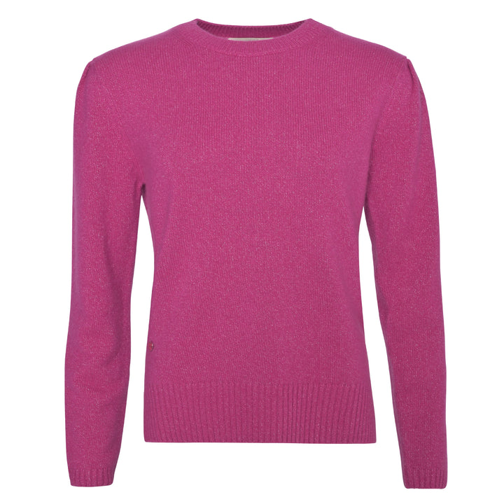 Damen-Kaschmirpullover Blair-cs in pinkem Wild Berry aus Kaschmir mit eingearbieteten glitzernden Lurexfäden, feminin geschnitten mit Rundhalsausschnitt und verstärkten Ärmelbündchen.