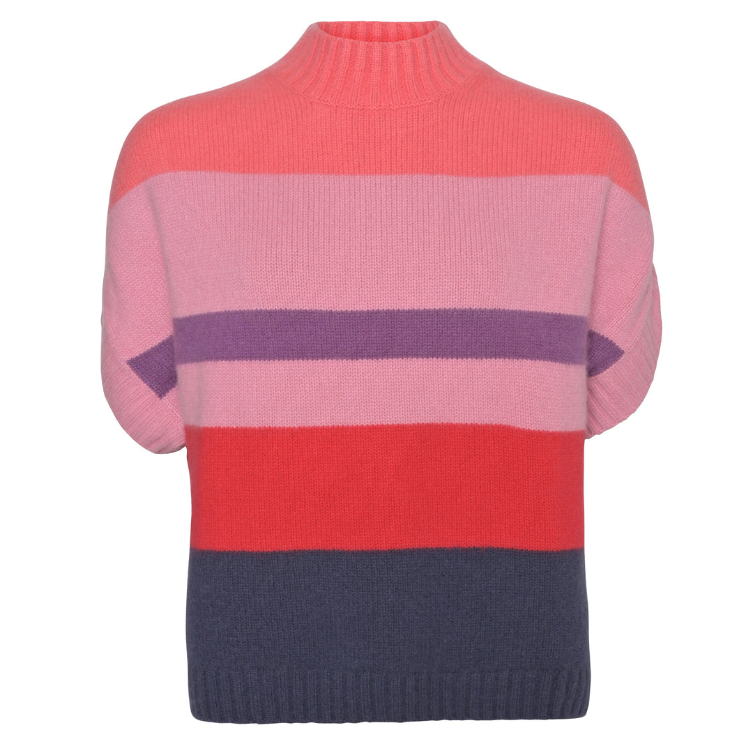 Oversized Kaschmir-Pullunder Bibi-cs für Damen aus 100 % Kaschmir in Koralle mit Streifen-Design und Colourblocking,  Stehkragen und angeschnittenem Arm von cute stuff