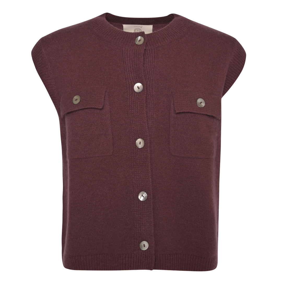 Damen Kaschmir Weste Eleonore‑cs mit Rundhalsausschnitt, aufgesetzten Taschen und Knopfleiste aus reinem Kaschmir von cute stuff, Farbe Dark Choc