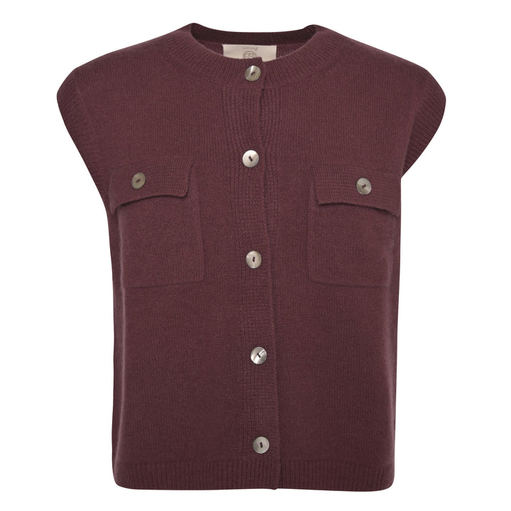 Damen Kaschmir Weste Eleonore‑cs mit Rundhalsausschnitt, aufgesetzten Taschen und Knopfleiste aus reinem Kaschmir von cute stuff, Farbe Dark Choc