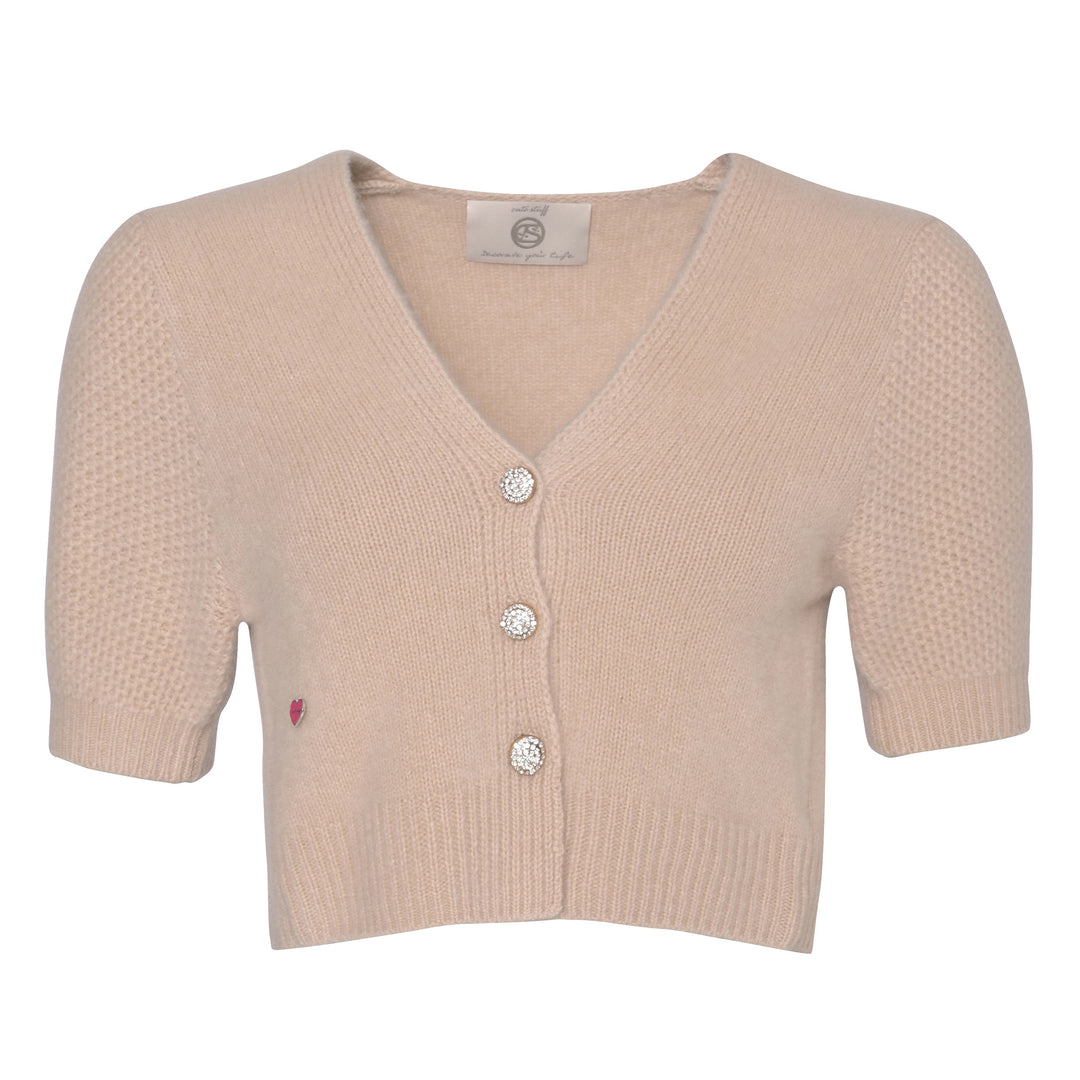 Kurzer Kaschmir Cardigan Leni‑cs von cute stuff mit V‑Ausschnitt und kurzen Ballonärmeln aus 100% reinem Kaschmir in der Beige, Damen Strickjacke mit Knopfleiste, Produktbild
