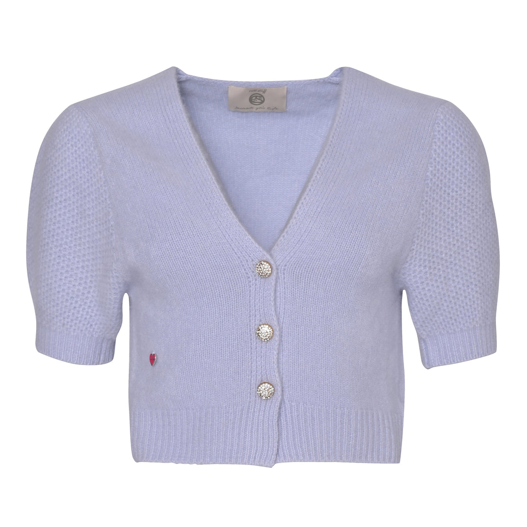 Kurzer Kaschmir Cardigan Leni‑cs von cute stuff mit V‑Ausschnitt und kurzen Ballonärmeln aus 100% reinem Kaschmir in Hellblau, Damen Strickjacke mit Knopfleiste, Produktbild