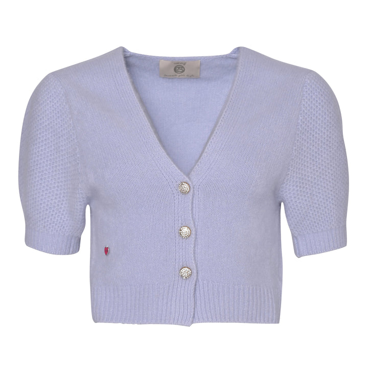 Kurzer Kaschmir Cardigan Leni‑cs von cute stuff mit V‑Ausschnitt und kurzen Ballonärmeln aus 100% reinem Kaschmir in Hellblau, Damen Strickjacke mit Knopfleiste, Produktbild