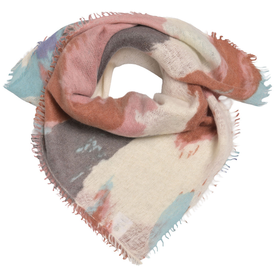Kaschmir-Bandana „Abstract-cs“ aus 100 % Light Kaschmir mit kleinen Fransen in Creme mit mehrfarbigem abstraktem Print von cute stuff