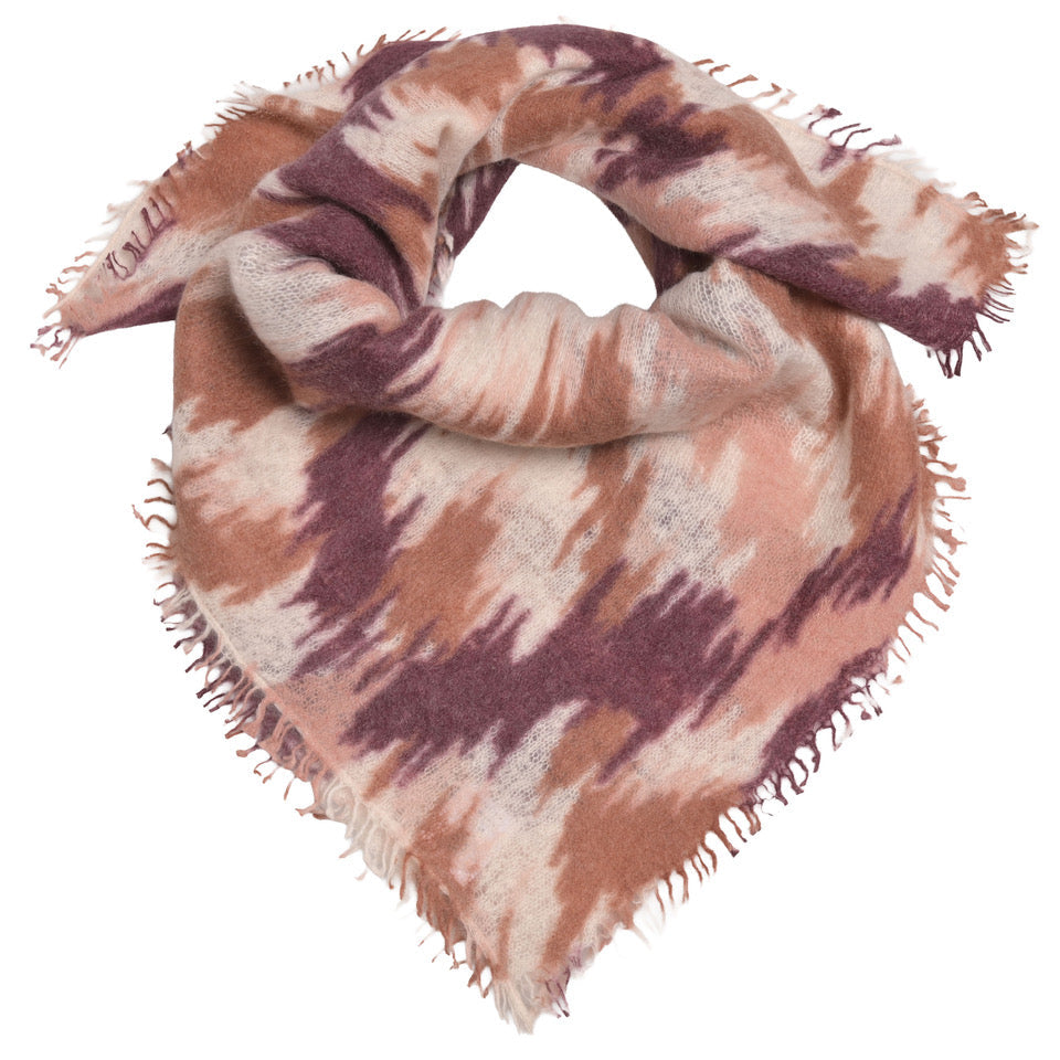 Kaschmir-Bandana „Ikat Flow“ in Tiramisu mit abstraktem Ikat-Muster in Creme-, Rosa- und Beerentönen sowie kleinen Fransen von cute stuff