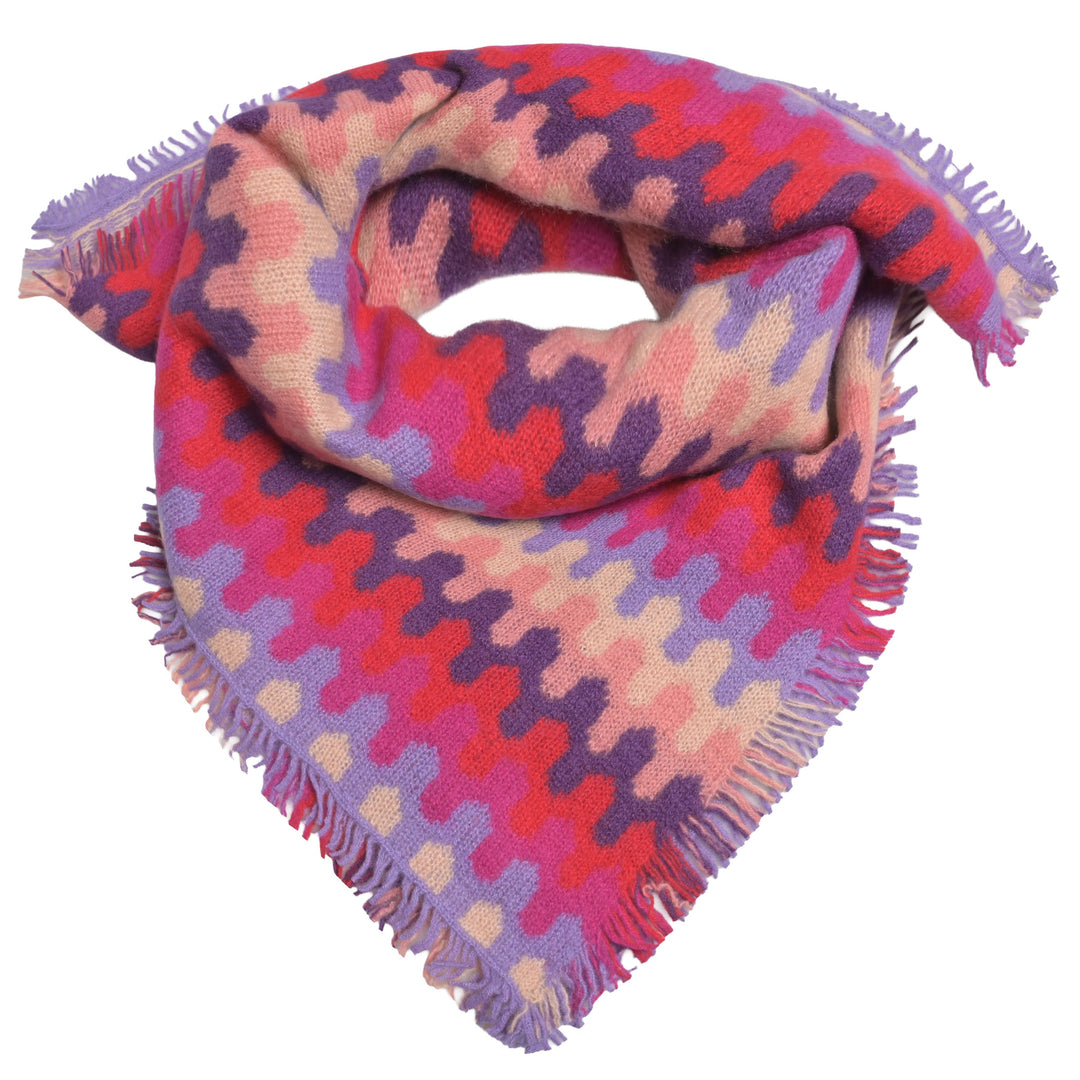 Kaschmir-Bandana „Liv-cs“ in Kronjuwel aus 100 % reinem Kaschmir mit grafischen Zig-Zag-Strickmuster. 65 × 65 cm, besonders weich und vielseitig als Halstuch, kleiner Schal oder Kopftuch tragbar.