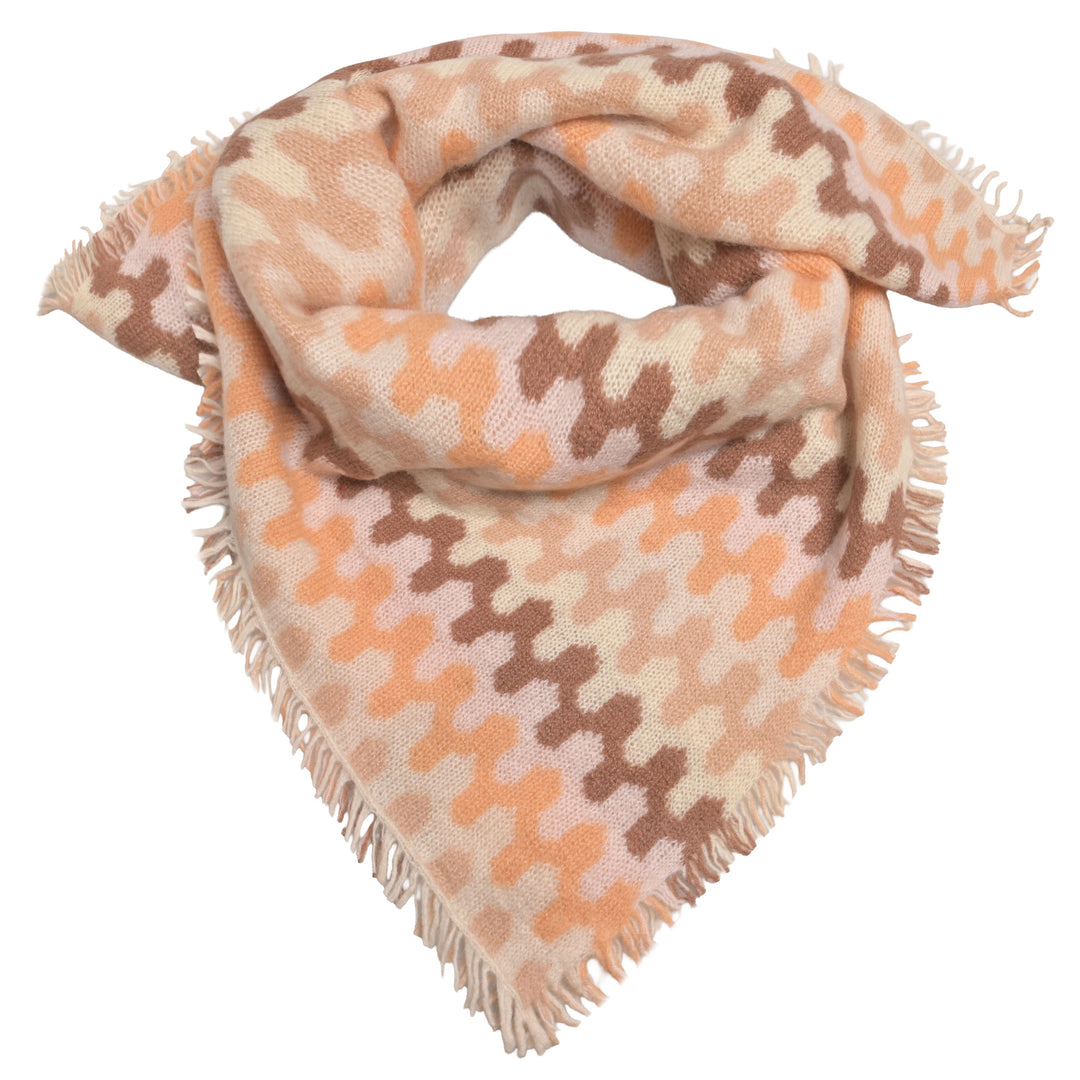 Kaschmir-Bandana „Liv-cs“ in Taupe mit Fransen aus 100 % reinem Kaschmir und mit grafischen Zig-Zag-Strickmuster. 65 × 65 cm, besonders weich und vielseitig als Halstuch, kleiner Schal oder Kopftuch tragbar.