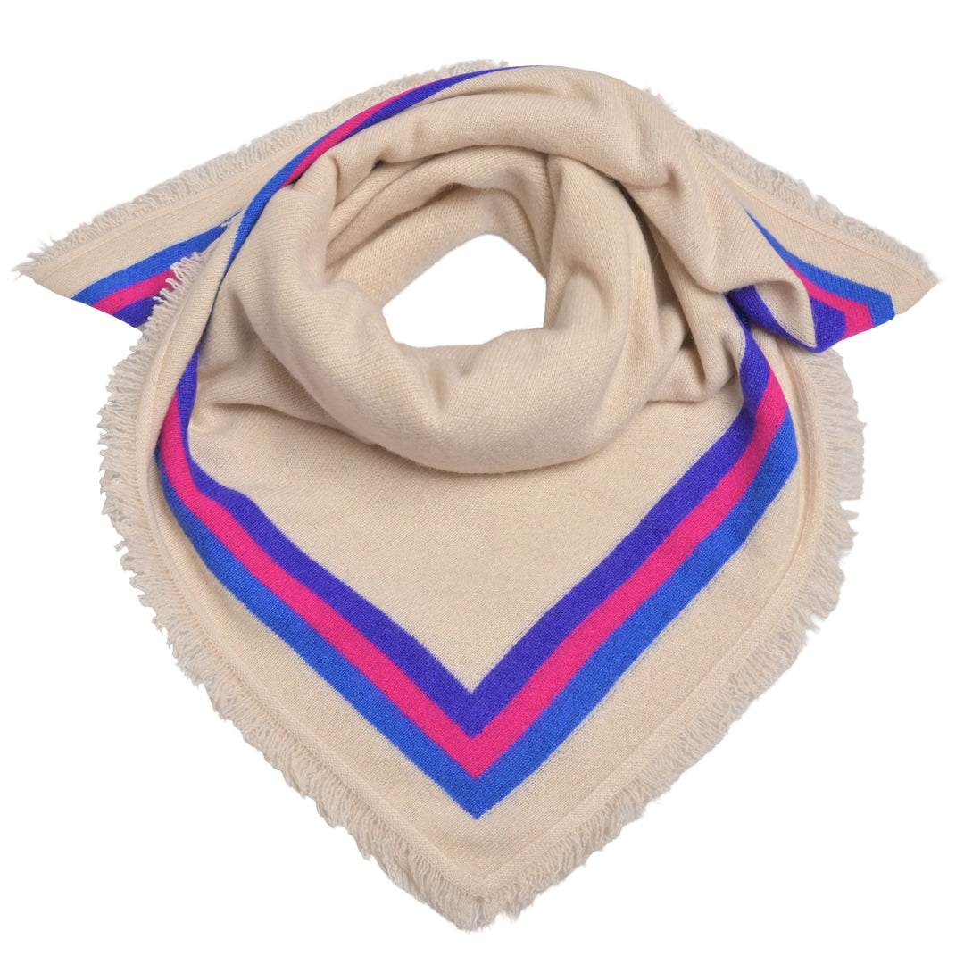 Edles Kaschmir-Bandana für Damen von cute stuff in der Grundfarbe Light Beige mit einer Streifenborte in knalligen Farben, Ink Blue