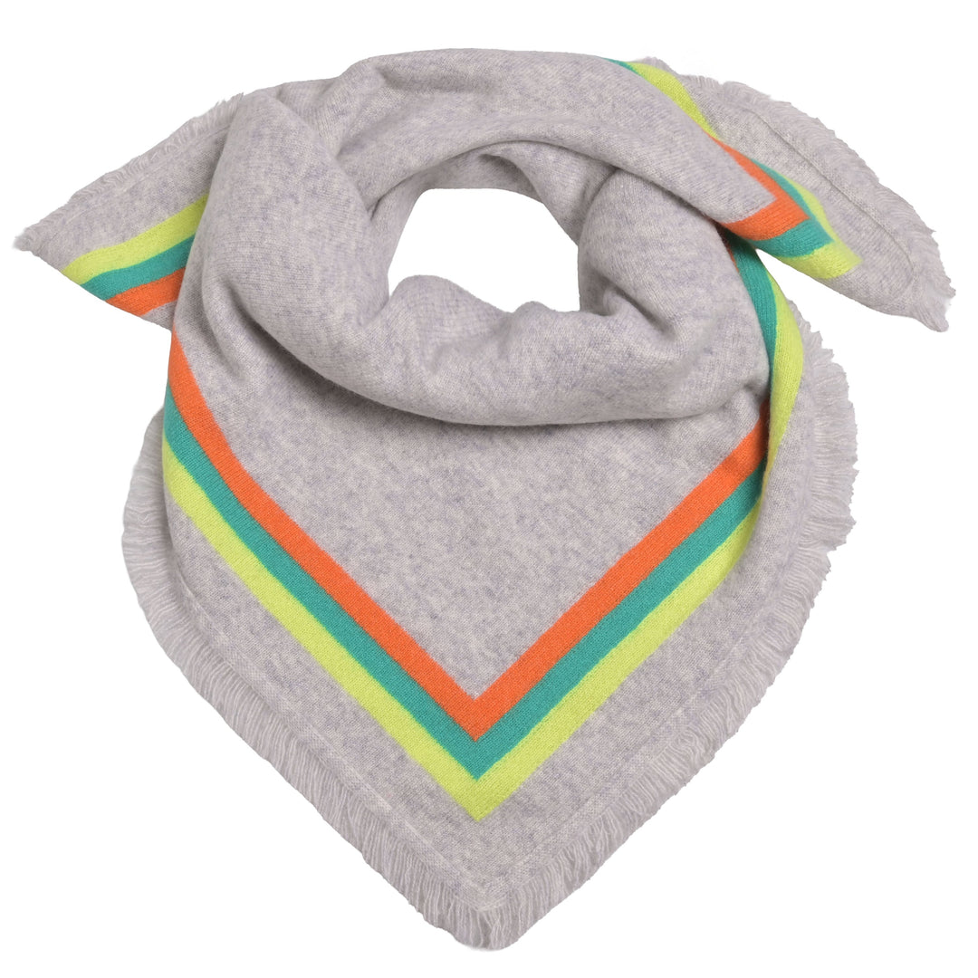 Edles Kaschmir-Bandana für Damen von cute stuff in der Grundfarbe Hellgrau Meliert mit einer Streifenborte in knalligen Farben, Neongrün