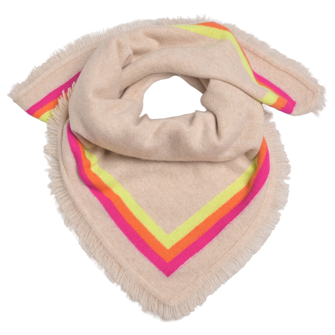 Edles Kaschmir-Bandana für Damen von cute stuff in der Grundfarbe Light Beige mit einer Streifenborte in knalligen Farben, Neonpink