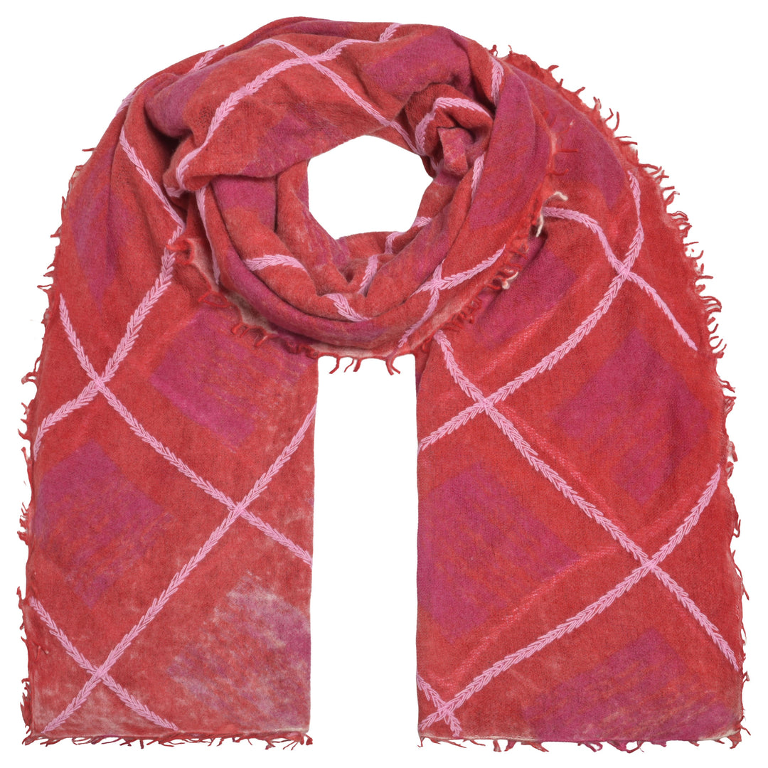 Kaschmirschal in den Farben Rot und Pink mit Rautenmuster, Bestickung und dezenten Fransen von cute stuff