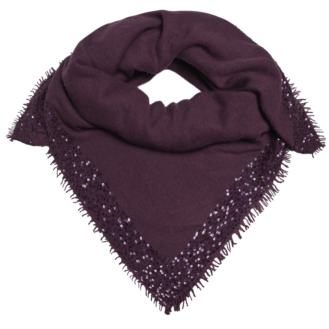 Luxuröses und quadratisches Tuch aus 98% reinem Kaschmir mit glitzernden Paillettenrand für Damen von cute stuff,  für besondere Anlässe, Größe 100 x 100 cm, Farbe: Aubergine