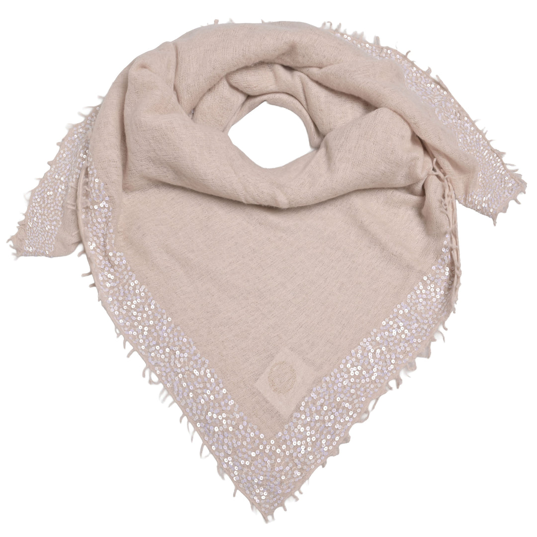 Luxuröses und quadratisches Tuch aus 98% reinem Kaschmir mit glitzernden Paillettenrand für Damen und für besondere Anlässe, Größe 100 x 100 cm, Farbe: Creme 