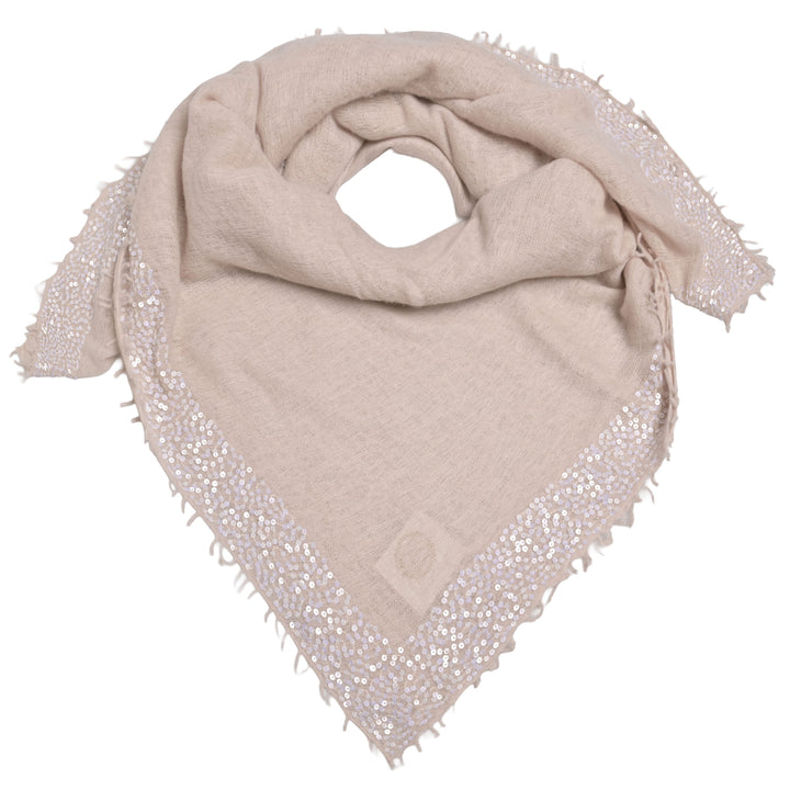 Luxuröses und quadratisches Tuch aus 98% reinem Kaschmir mit glitzernden Paillettenrand für Damen und für besondere Anlässe, Größe 100 x 100 cm, Farbe: Creme 