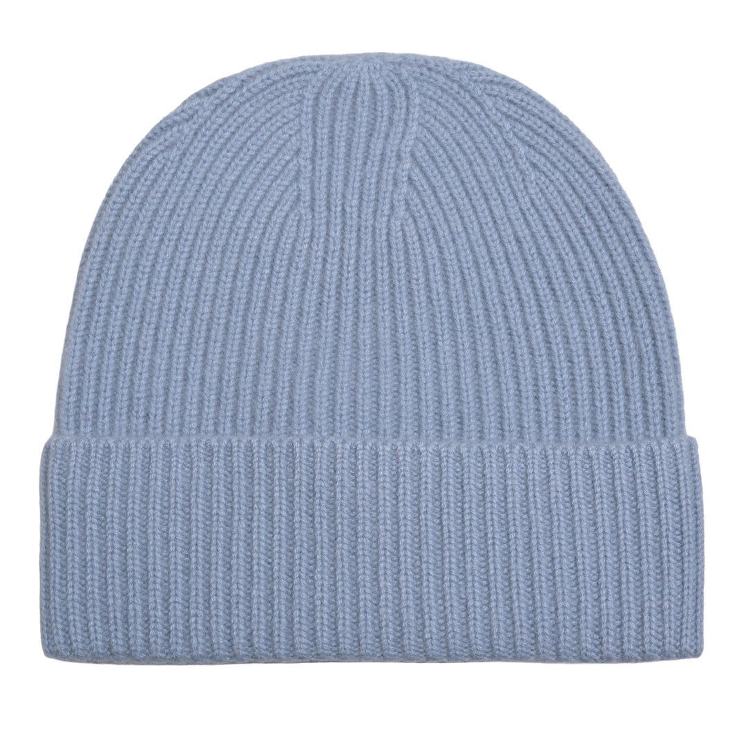 Blaue Kaschmirmütze Nina-cs aus 100 % Kaschmir, gestrickt mit klassischem Aufschlag, Farbe: Denim