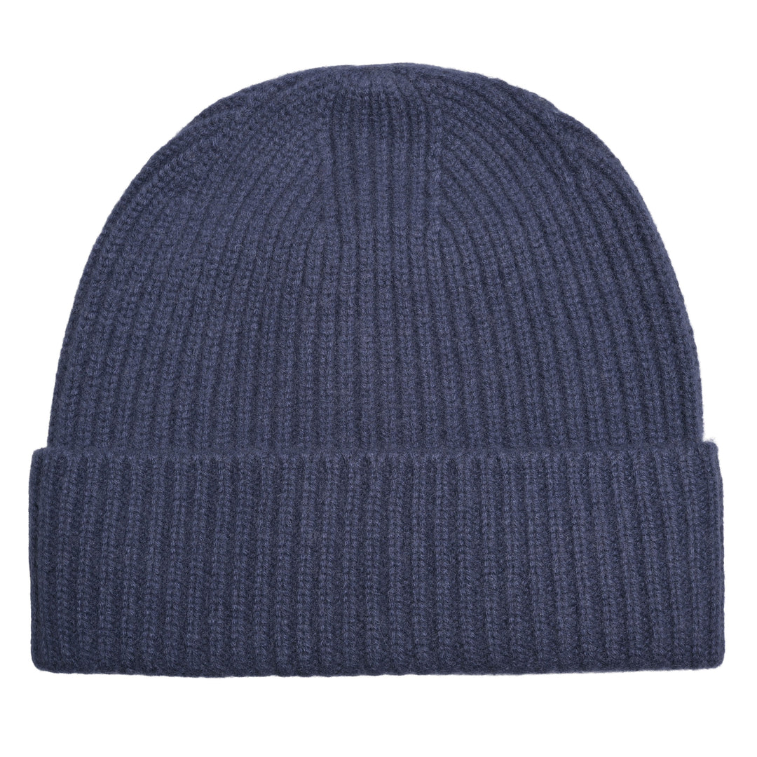Dunkeblaue Kaschmirmütze Nina-cs aus 100 % Kaschmir, gestrickt mit klassischem Aufschlag