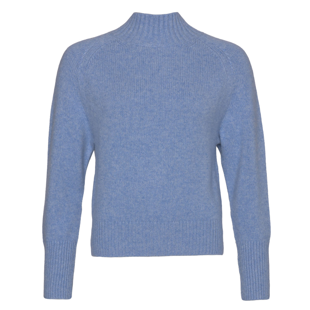 Damen-Kaschmirpullover Alex in Hellblau Meliert aus 100 % Kaschmir mit hohem Turtle Neck und extra-langen, gerippten Ärmelbündchen.