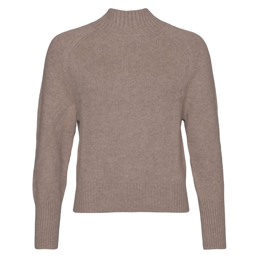 Damen-Kaschmirpullover Alex in Light Beige Melange aus 100 % Kaschmir mit hohem Turtle Neck und extra-langen, gerippten Ärmelbündchen.