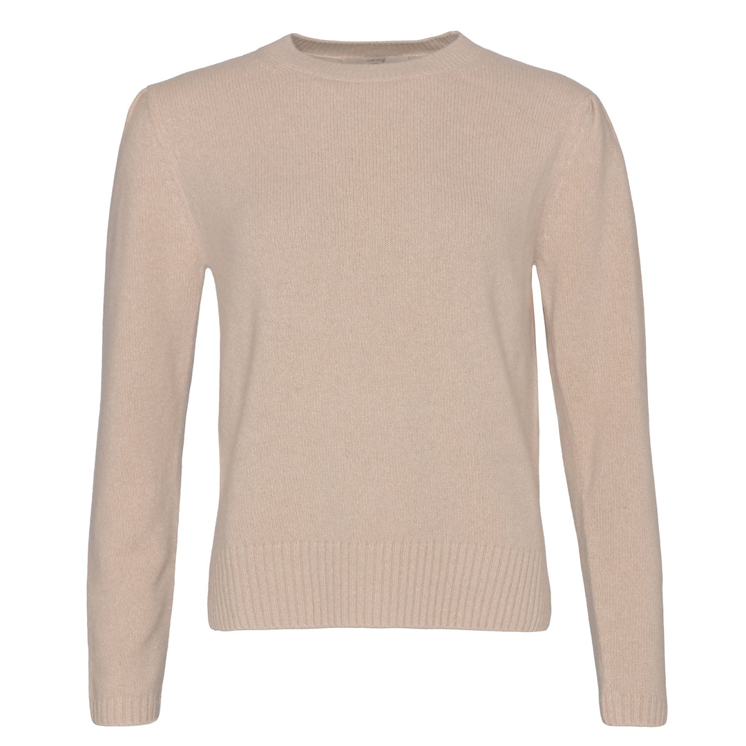 Damen-Kaschmirpullover Blair-cs in Creme aus Kaschmir mit eingearbieteten glitzernden Lurexfäden, feminin geschnitten mit Rundhalsausschnitt und verstärkten Ärmelbündchen.