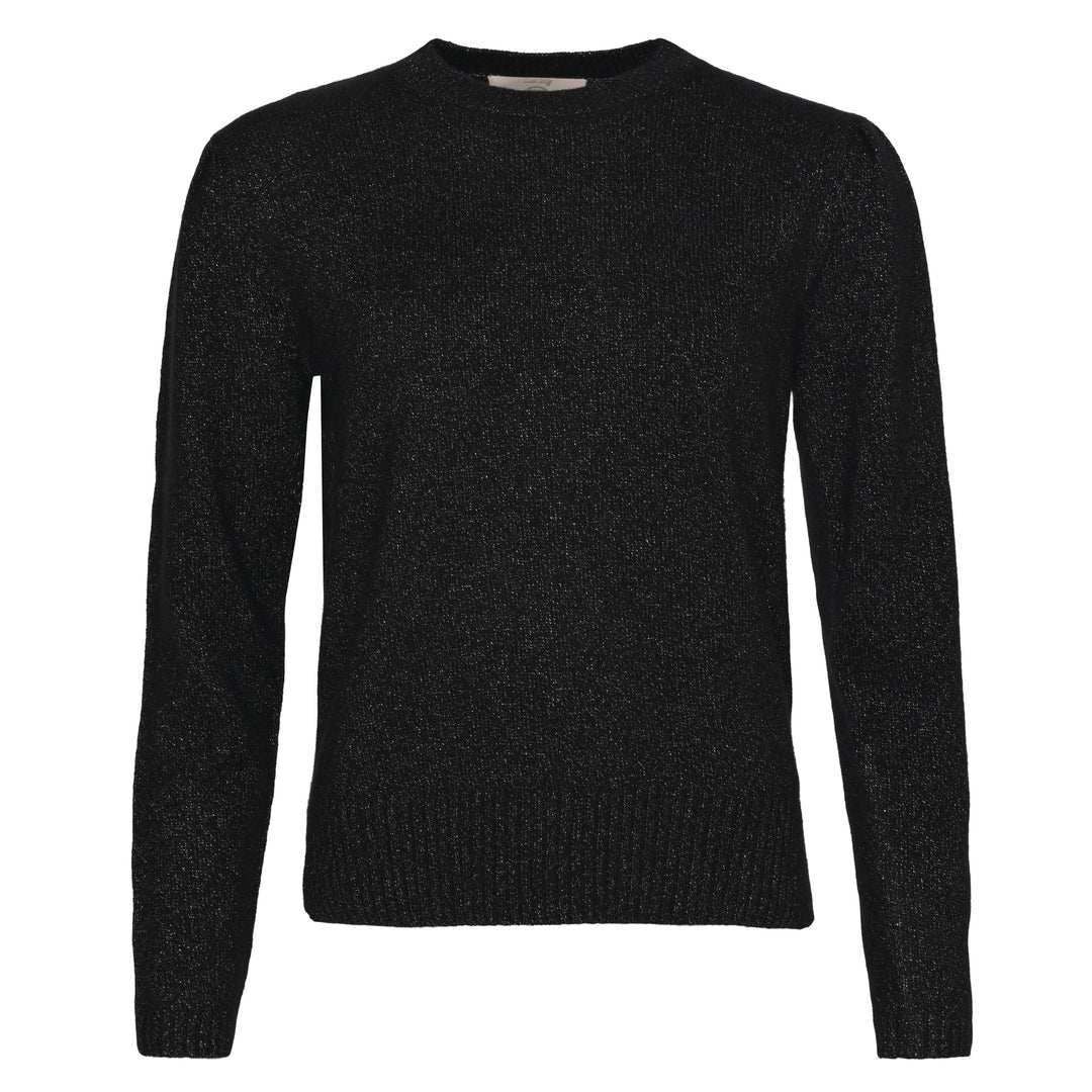 Damen-Kaschmirpullover Blair-cs in Schwarz aus Kaschmir mit eingearbieteten glitzernden Lurexfäden, feminin geschnitten mit Rundhalsausschnitt und verstärkten Ärmelbündchen.