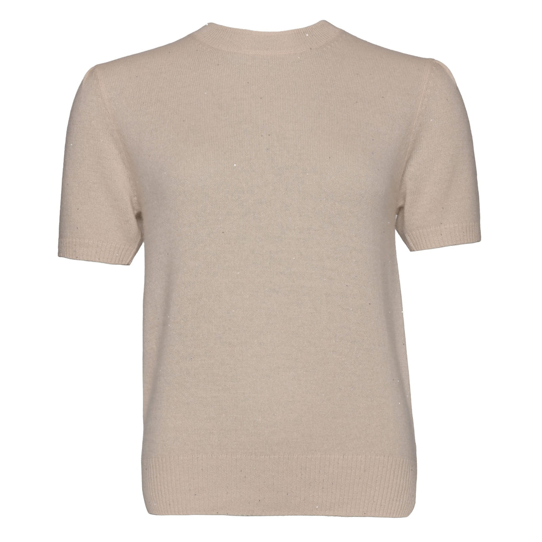 Kurzärmeliger Damen-Kaschmirpullover Adele-cs in Creme mit dezent eingearbeiteten Pailletten in Silber