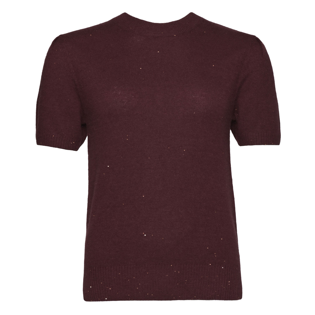 Kurzärmeliger Damen-Kaschmirpullover Adele-cs in Dark Choc mit dezent eingearbeiteten Pailletten in Gold