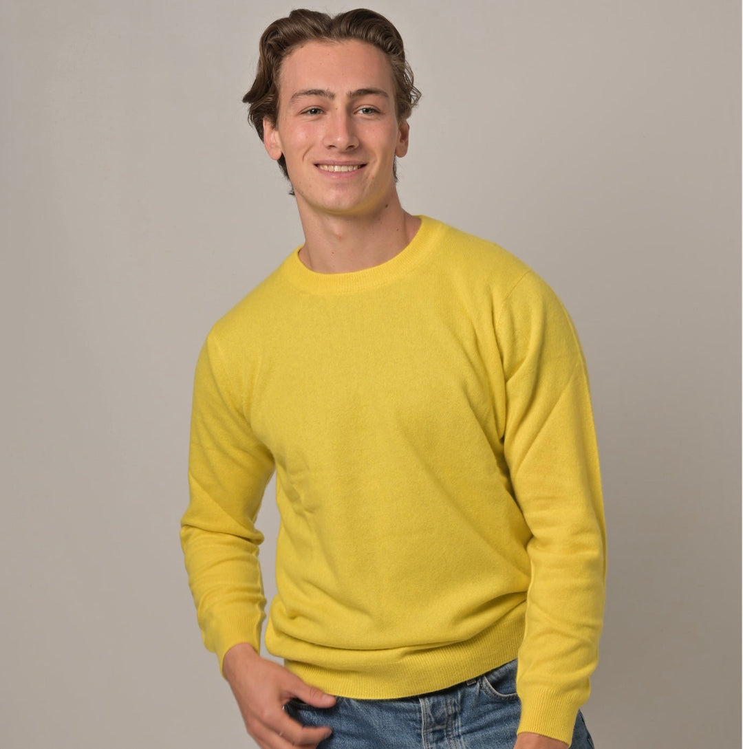 Model trägt Klassischen Herren-Kaschmirpullover mit Rundhalsausschnitt in Vitamin C aus 100 % Kaschmir