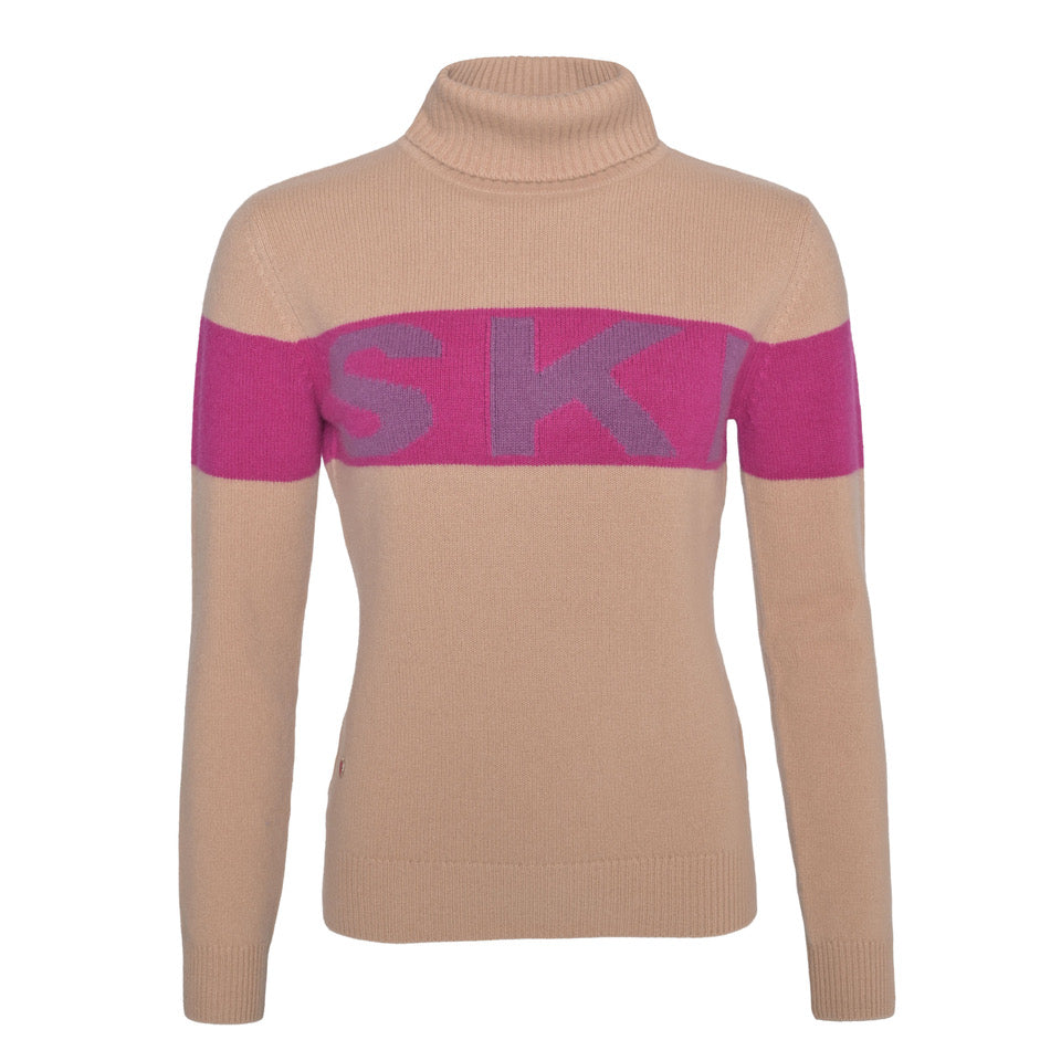 Kaschmirpullover „Ski-cs“ aus 100 % Kaschmir in Foundation mit Rollkragen, gerippten Bündchen und eingestricktem Ski-Schriftzug von cute stuff