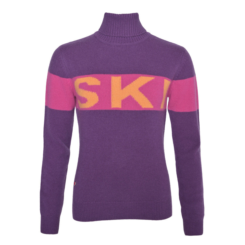 Kaschmirpullover „Ski-cs“ aus 100 % Kaschmir in Kronjuwel mit Rollkragen, gerippten Bündchen und eingestricktem Ski-Schriftzug von cute stuff