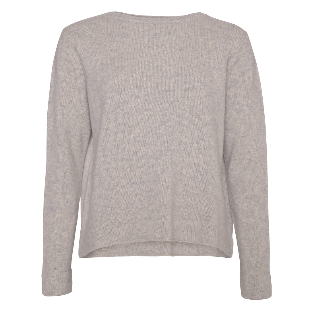 Damen-Kaschmirpullover Jacky-cs in Steingrau Meliert aus 100 % Kaschmir, locker geschnitten im Sweater-Stil mit Rundhalsausschnitt und verstärkten Ärmelbündchen.