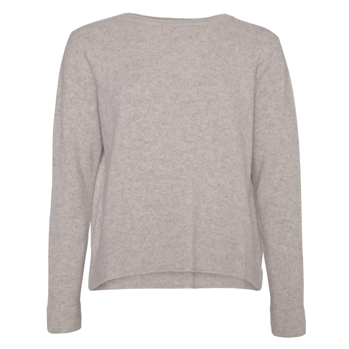 Damen-Kaschmirpullover Jacky-cs in Steingrau Meliert aus 100 % Kaschmir, locker geschnitten im Sweater-Stil mit Rundhalsausschnitt und verstärkten Ärmelbündchen.