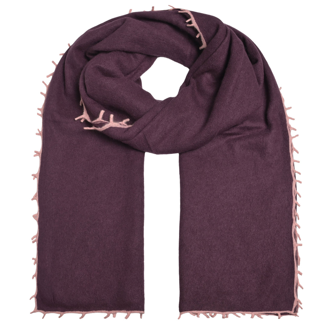 Doppelt gefilzter Light Kaschmirschal von cute stuff für Damen in der Pur Pur Farbe Barolo mit Kontrastfransen und Kante, weich und edel, 205 cm x 80 cm