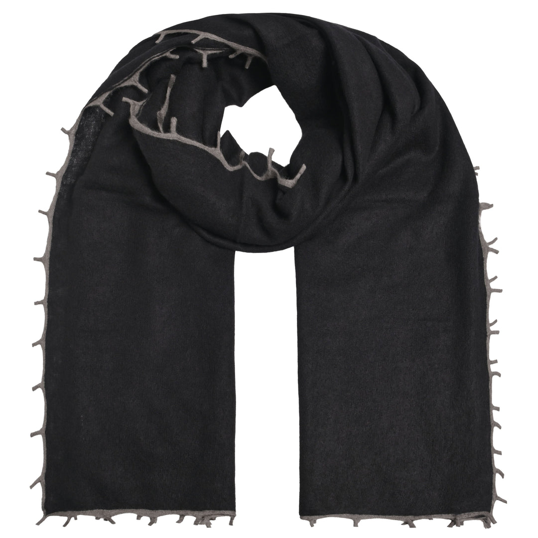 Doppelt gefilzter Light Kaschmirschal von cute stuff für Damen und Herren in Schwarz mit Kontrastfransen und Kante, weich und edel, 205 cm x 80 cm