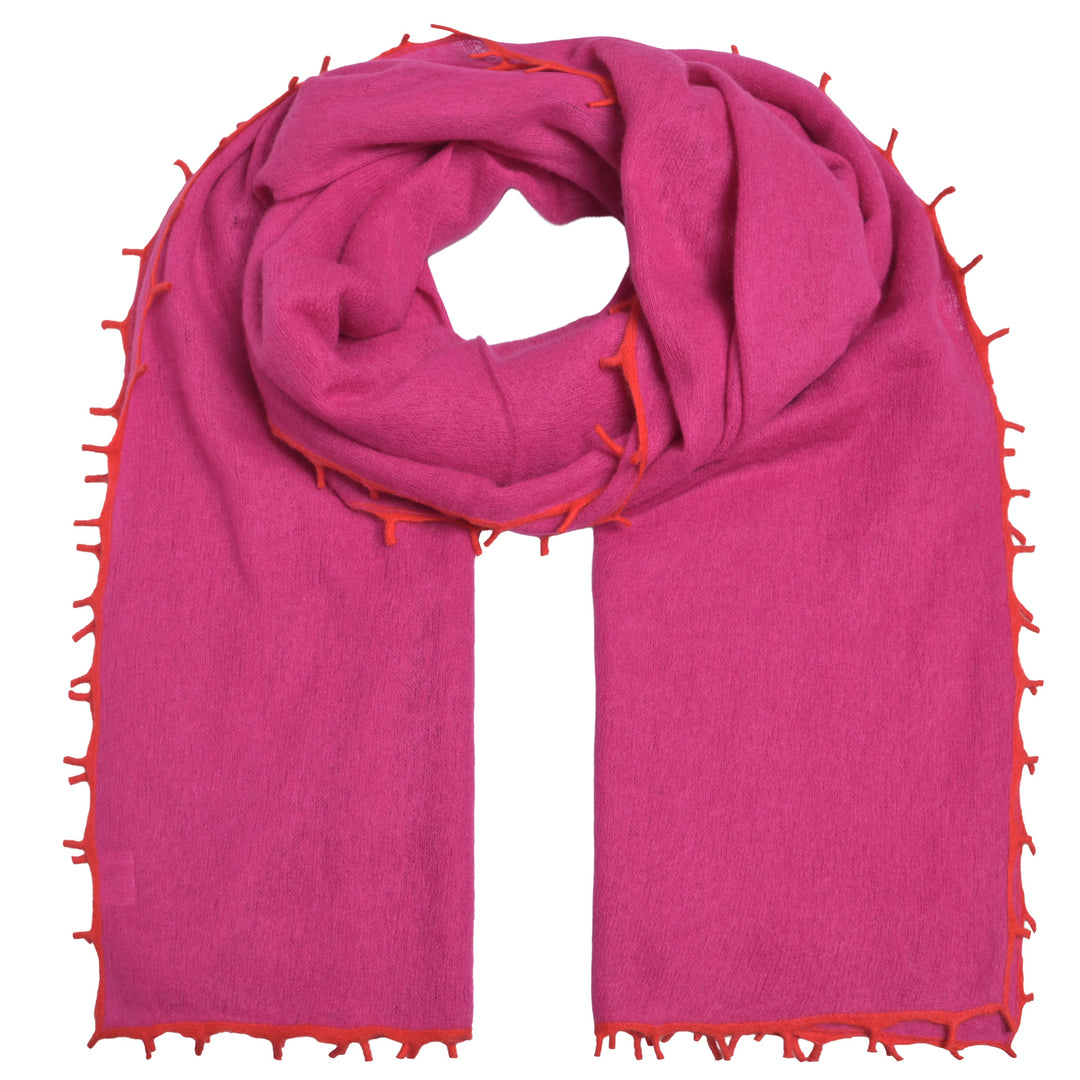Doppelt gefilzter Light Kaschmirschal von cute stuff für Damen in der Beerenfarbe Wild Berry mit Kontrastfransen und Kante, weich und edel, 205 cm x 80 cm