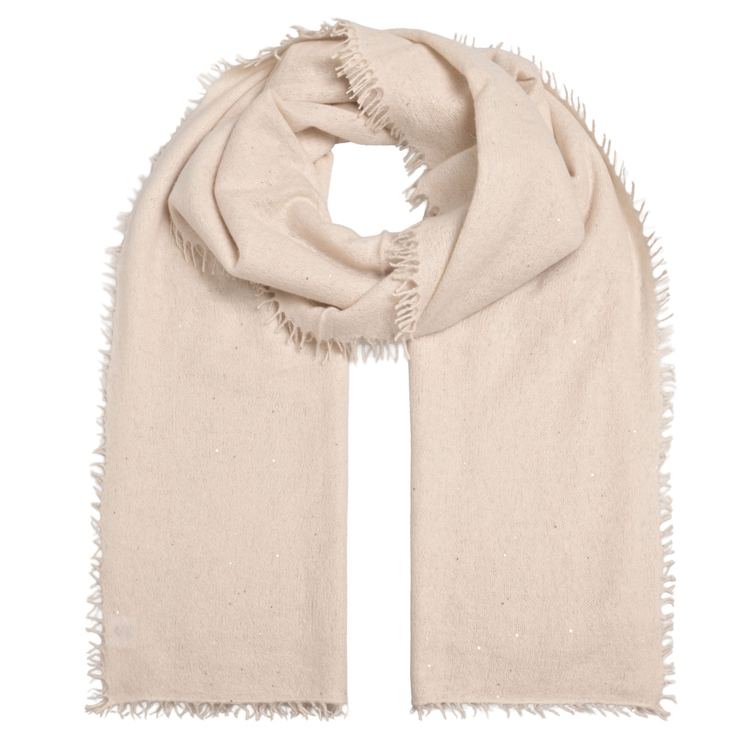 Eleganter Kaschmirschal für Damen aus reinem Kaschmir mit feinen, eingearbeiteten Pailletten in der Farbe Creme mit Fransensaum