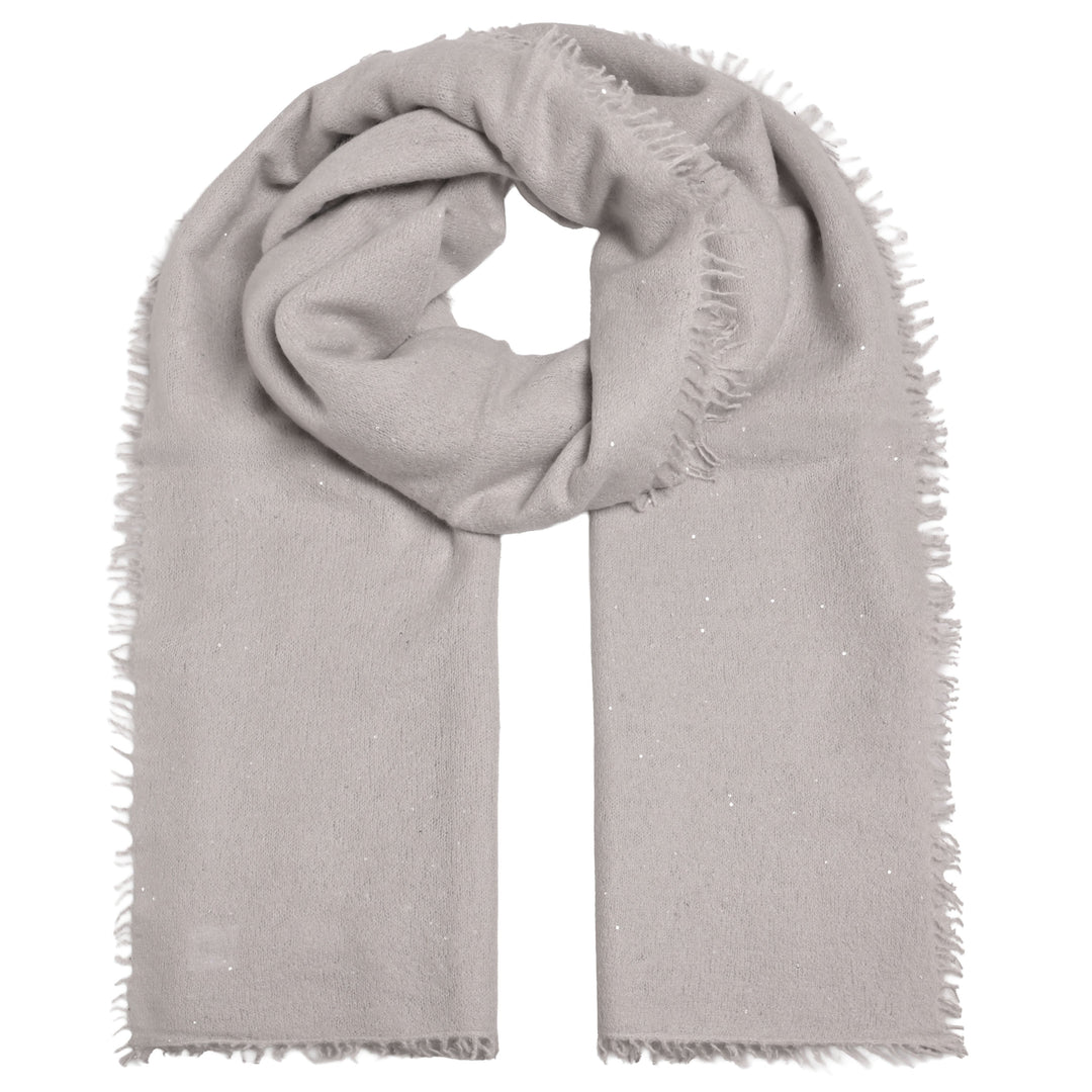 Eleganter Kaschmirschal für Damen aus reinem Kaschmir mit feinen, eingearbeiteten Pailletten in der Farbe Hellgrau mit Fransensaum