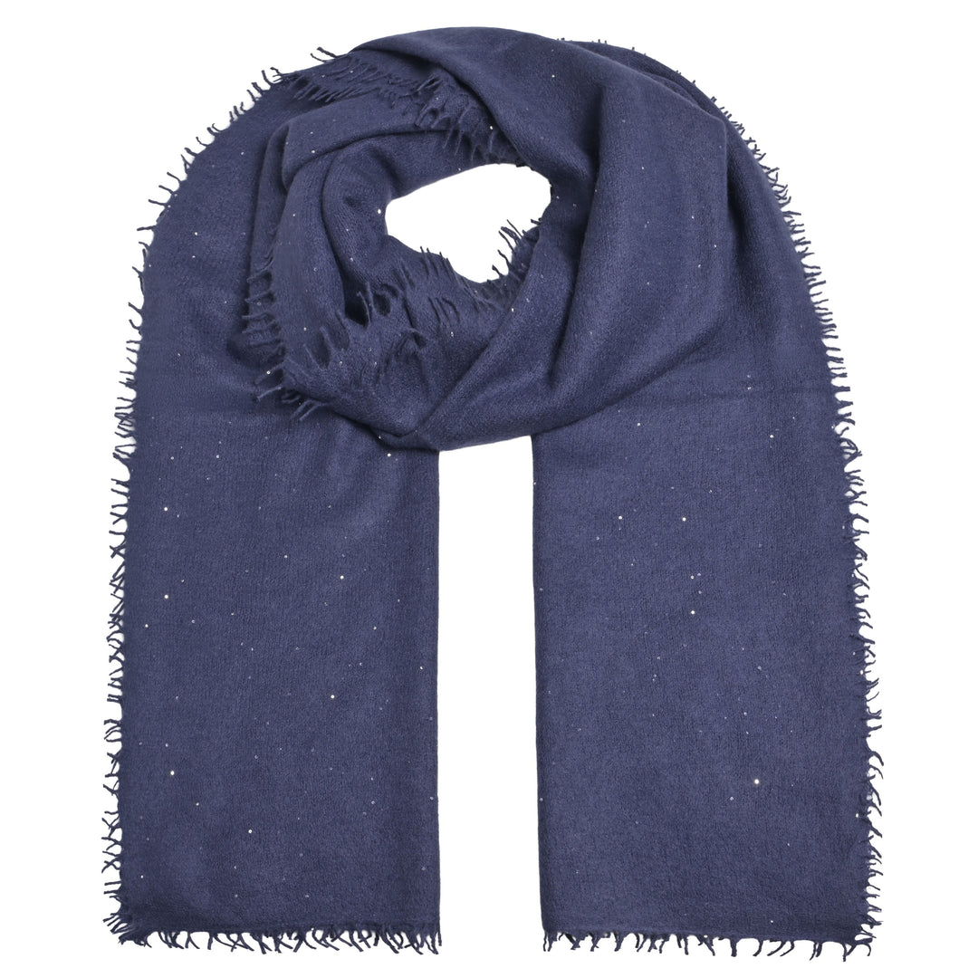 Eleganter Kaschmirschal für Damen aus reinem Kaschmir mit feinen, eingearbeiteten Pailletten in der Farbe Dunkelblau mit Fransensaum