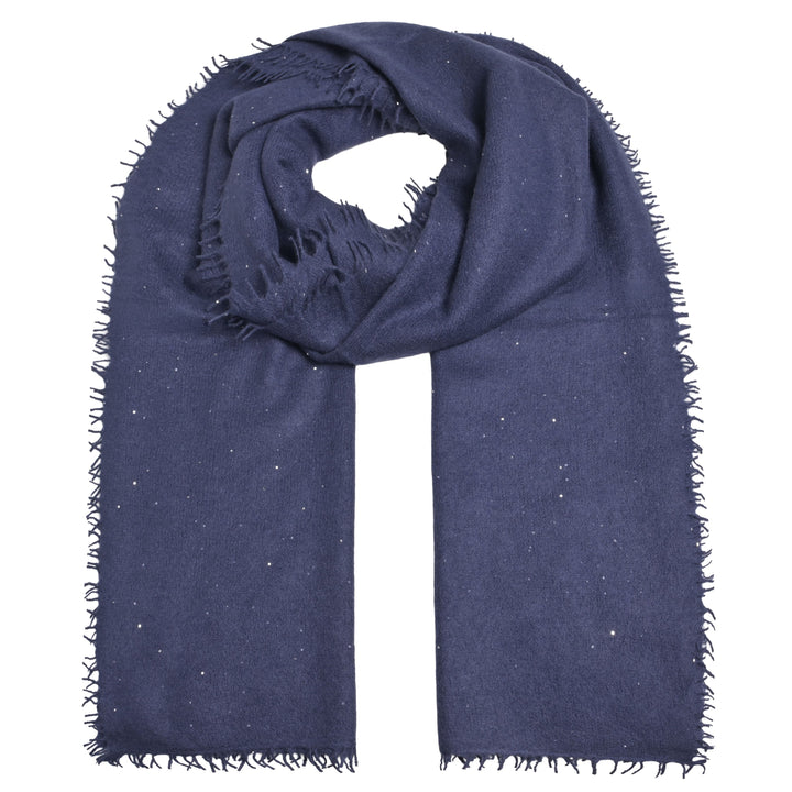 Eleganter Kaschmirschal für Damen aus reinem Kaschmir mit feinen, eingearbeiteten Pailletten in der Farbe Dunkelblau mit Fransensaum