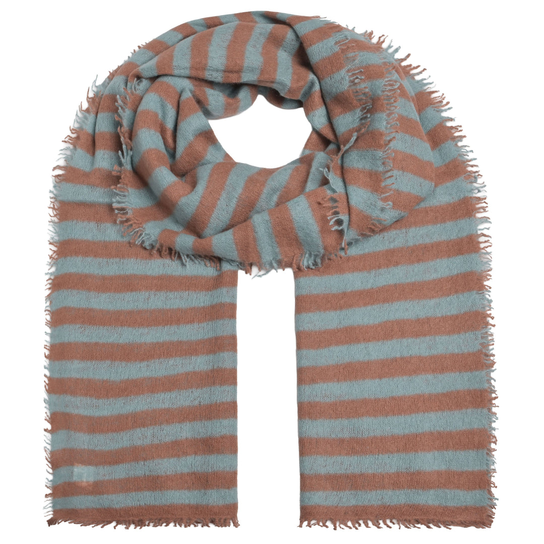 Gestreifter Kaschmirschal Stripe-cs aus 100 % Light Cashmere in Hazelnut und Türkis, 205 × 80 cm