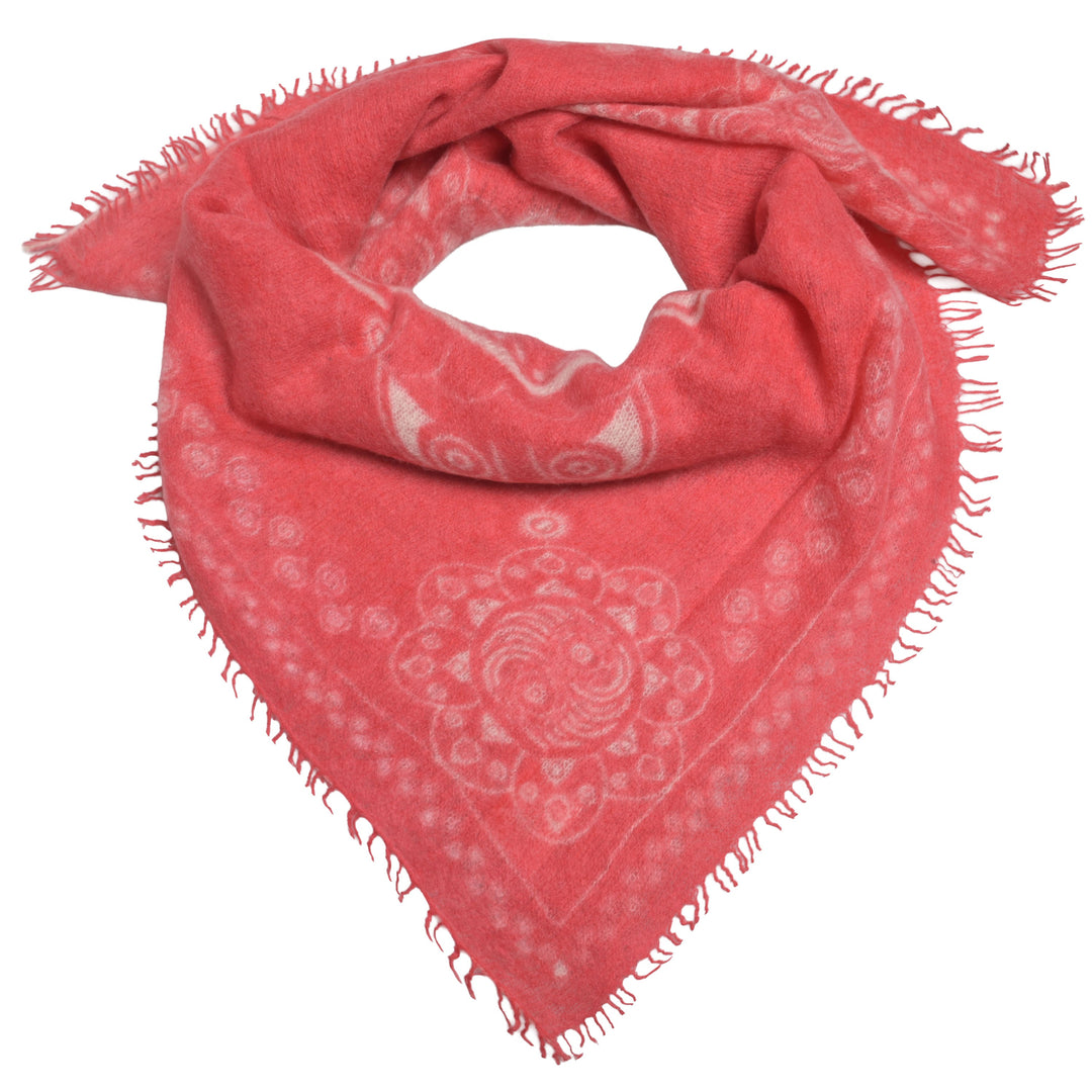 Feines Kaschmir Bandana aus 100% Light Cashmere mit kleinen Fransen und in Koralle mit aufgedrucktem Ornament Muster in Creme